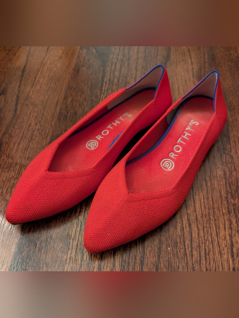 Rothy's Size 9 Red Pointed Knit Flats with Blue Trim
